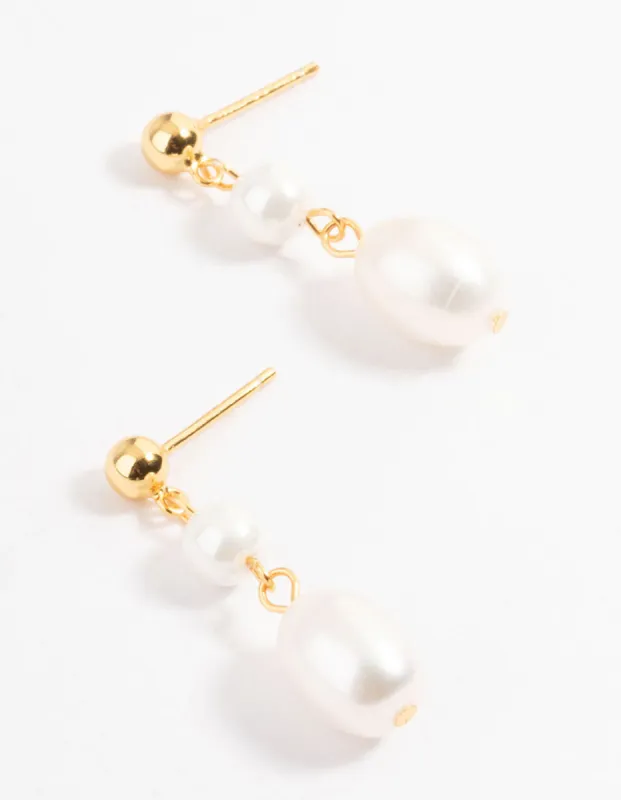 Gold Plated Sterling Silver Double Faux Pearl Drop Earrings sold by lovisa
