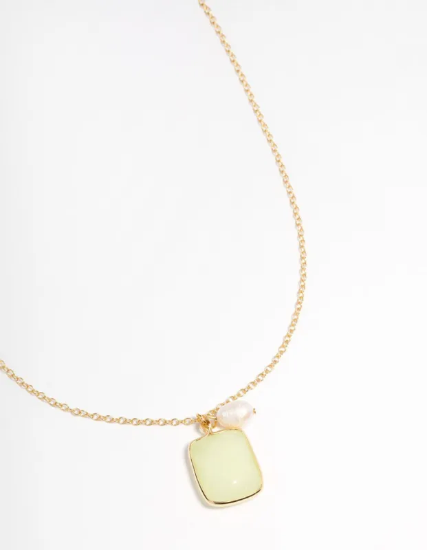Gold Plated Green Fluorite Freshwater Pearl Square Charm Necklace sold by lovisa