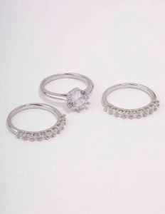 Rhodium Pave Solitaire Ring 3-Pack sold by lovisa