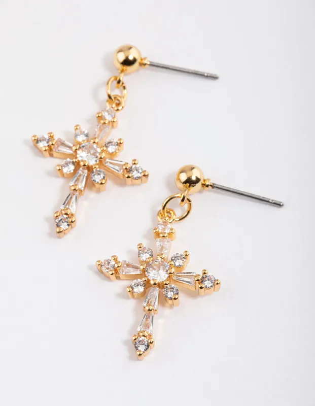 Gold Plated Cubic Zirconia Ornate Cross Drop Earrings sold by lovisa