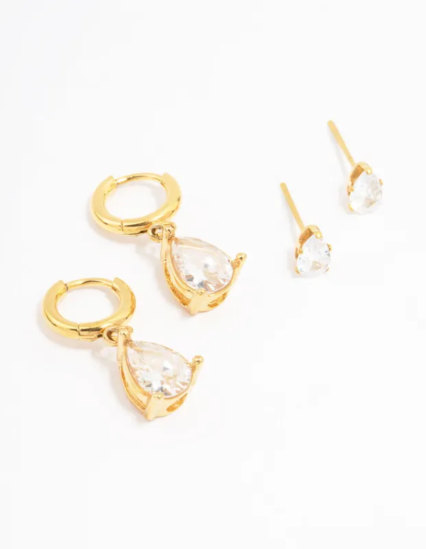 Waterproof Gold Plated Stainless Steel Pear Cut Cubic Zirconia Earrings 2-Pack sold by lovisa