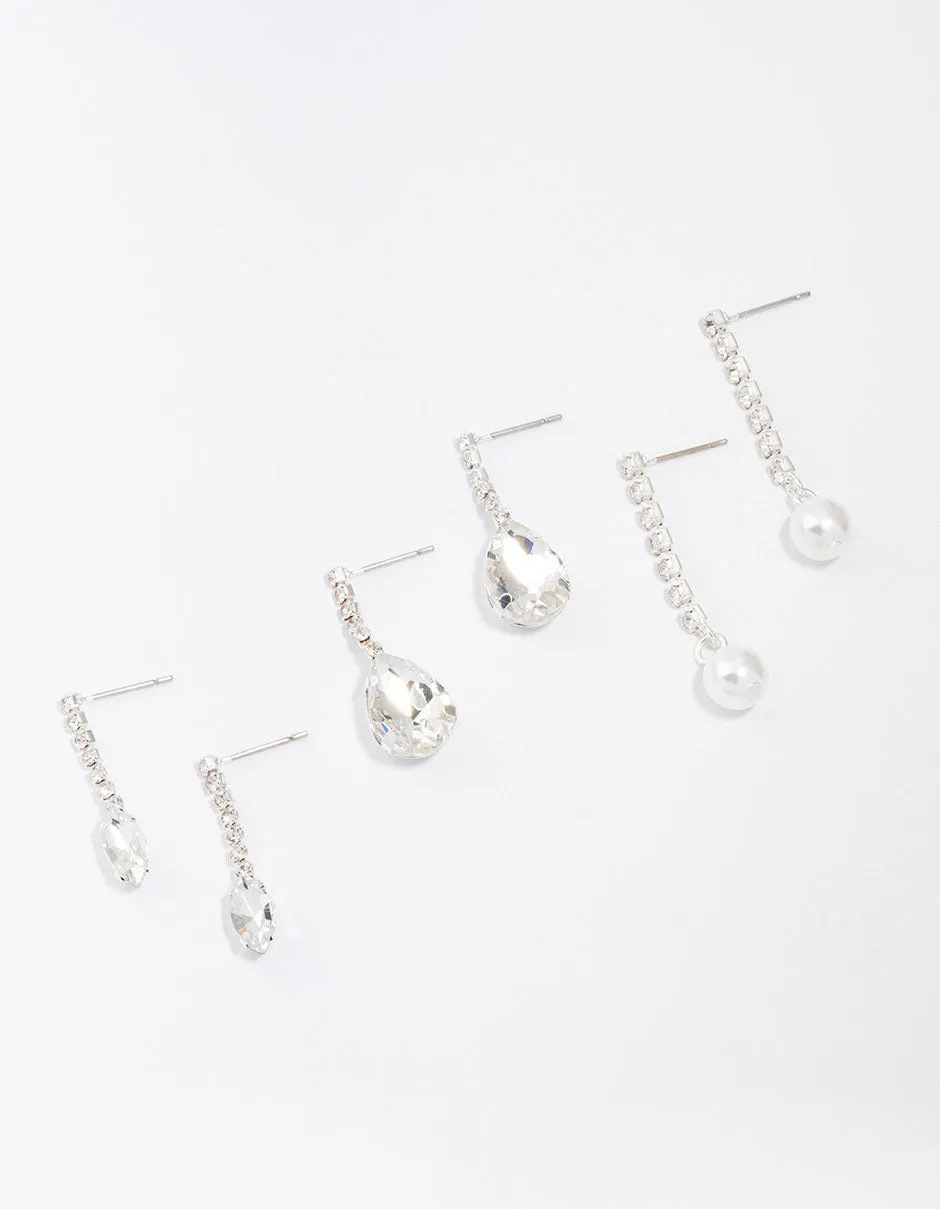 Silver Diamante Drop Earrings 3-Pack sold by lovisa
