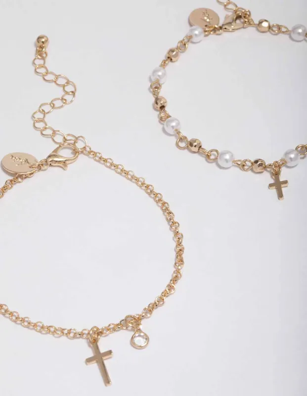 Gold Pearl Cross Charm Bracelet Pack sold by lovisa