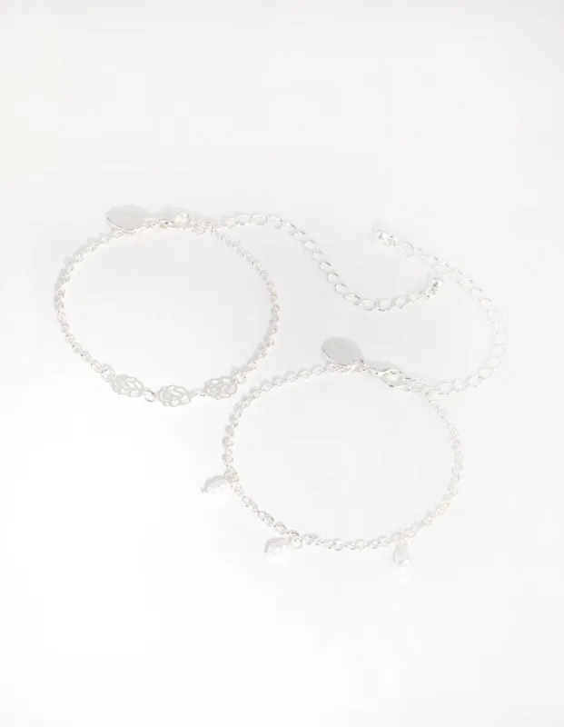 Silver Rose & Pearl Bracelet Set sold by lovisa