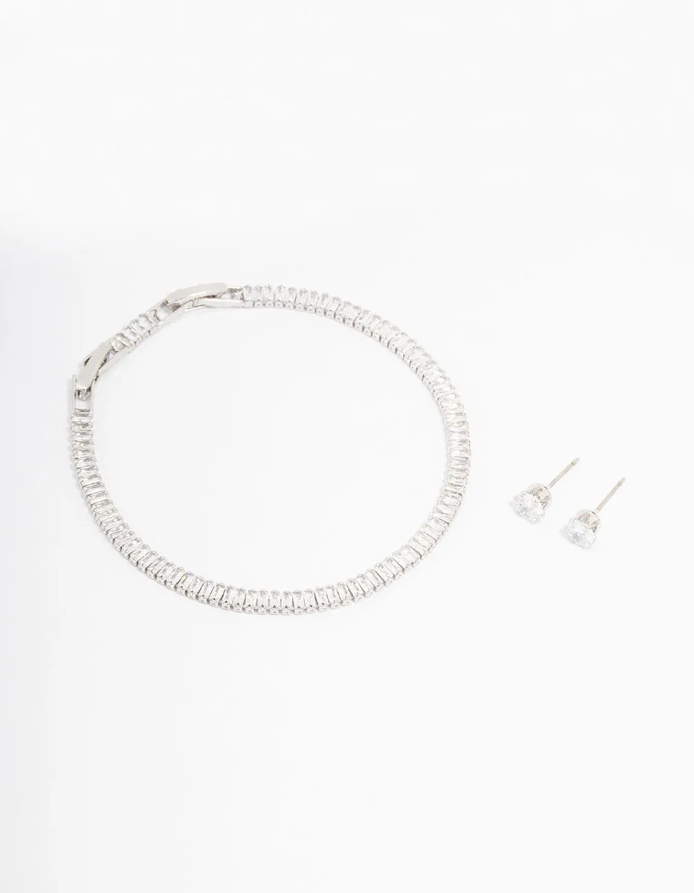 Rhodium Cubic Zirconia Baguette Tennis Bracelet & Earring Set sold by lovisa