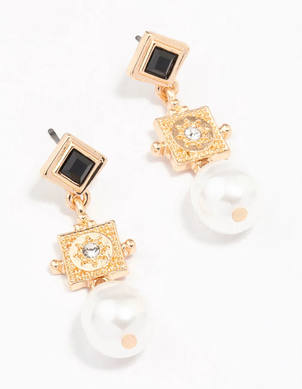 Gold Diamante Square Pearl Drop Earrings sold by lovisa