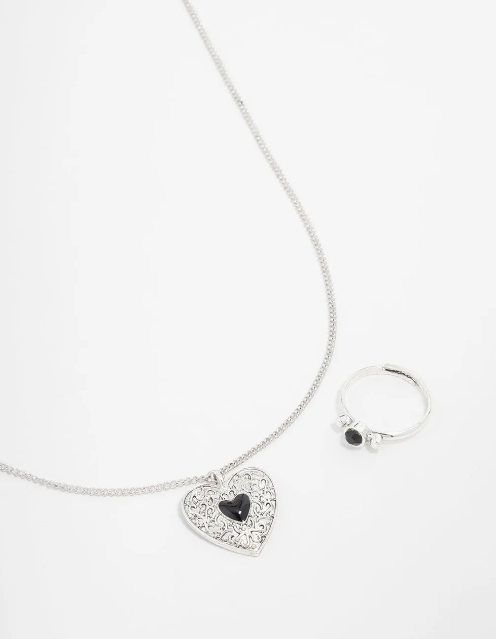 Antique Silver Rustic Heart Necklace & Ring Set sold by lovisa