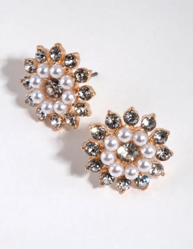 Gold Diamante & Pearl Flower Stud Earrings sold by lovisa