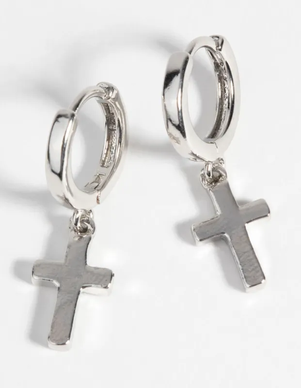 Rhodium Cross Huggie Hoop Earrings sold by lovisa