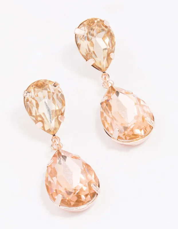 Rose Gold Double Pear Diamante Drop Earrings sold by lovisa