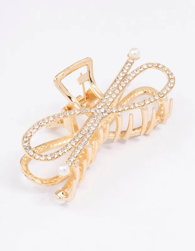 Gold Diamante Bow Hair Claw Clip sold by lovisa