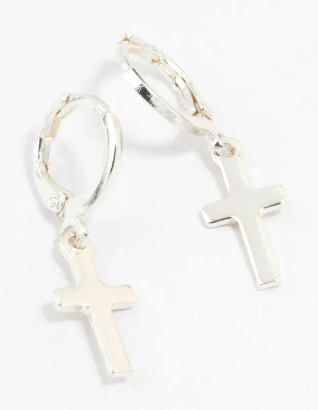 Silver Plain Cross Huggie Earrings sold by lovisa