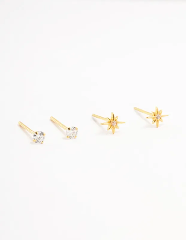 Gold Plated Sterling Silver Mini Starburst Earrings 2-Pack sold by lovisa