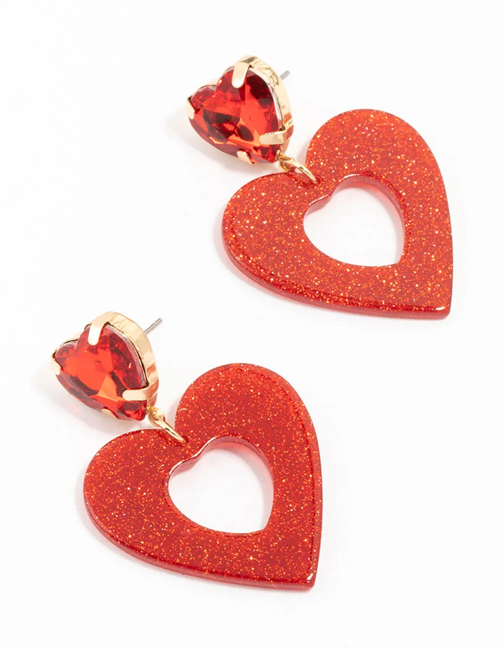 Red Diamante Glitter Gold Heart Drop Earrings sold by lovisa