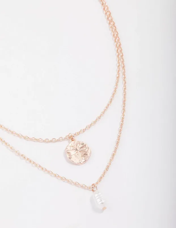 Rose Gold Disc & Pearl Layered Necklace sold by lovisa