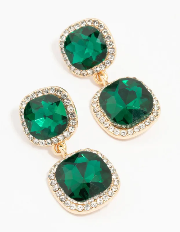 Gold Double Square Emerald Halo Drop Earrings sold by lovisa
