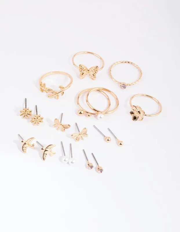 Gold Butterly & Pearl Earring & Ring Pack sold by lovisa