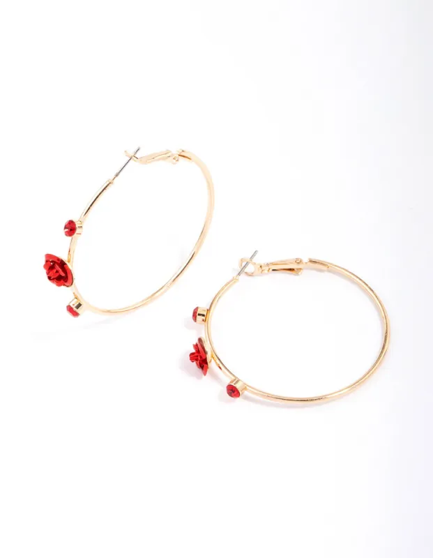 Gold Pearlised Red Rose Hoop Earrings sold by lovisa