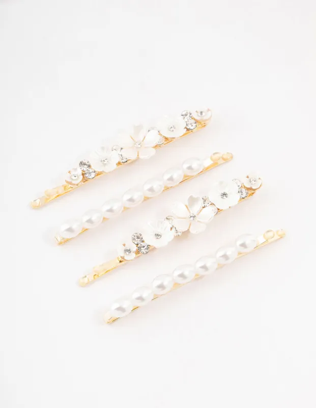 Gold Diamante & Flower Pearl Clips 4-Pack sold by lovisa