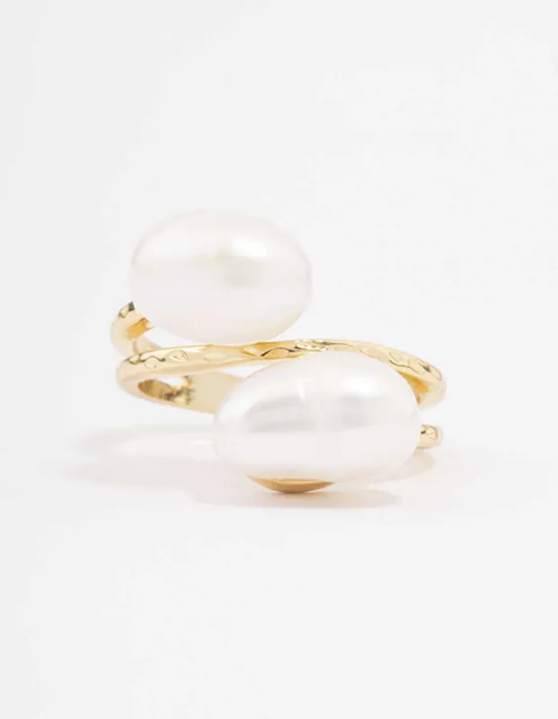 Gold Plated Double Pearl Wrapped Ring sold by lovisa
