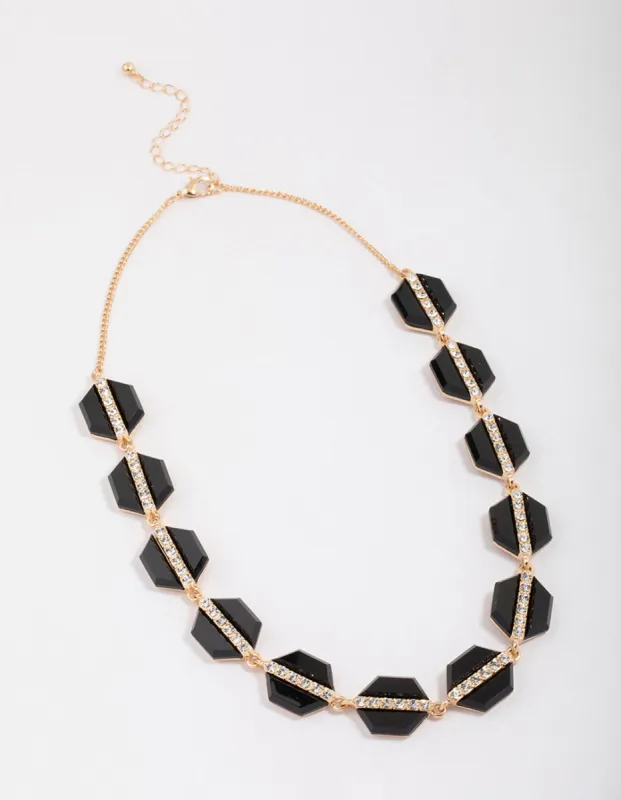 Gold Black Hexagon Diamante Necklace sold by lovisa