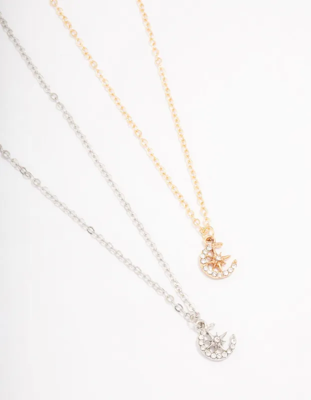 Gold & Silver Half Moon Diamante Pendant Necklace Pack sold by lovisa