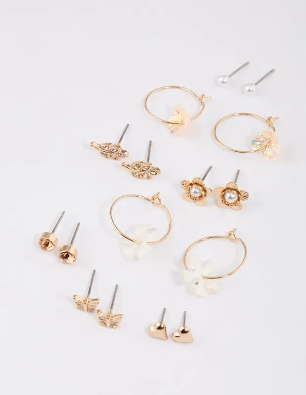 Gold Floral & Pearl Dainty Earrings 8-Pack sold by lovisa