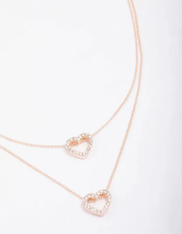 Rose Gold Double Diamante Open Heart Necklace sold by lovisa