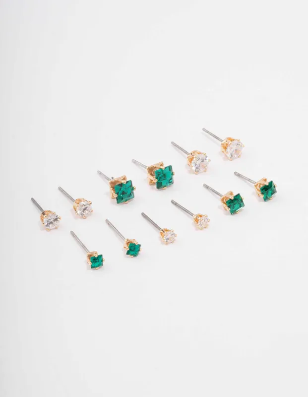 Gold Mixed Emerald Cubic Zirconia Stud Earring 6-Pack sold by lovisa