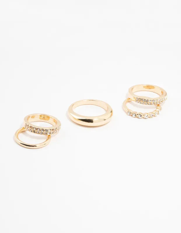 Gold Thick Diamante Band Rings 5-Pack sold by lovisa