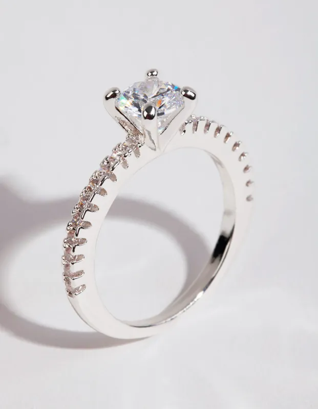 Silver Plated Round Cubic Zirconia Textured Band Ring sold by lovisa