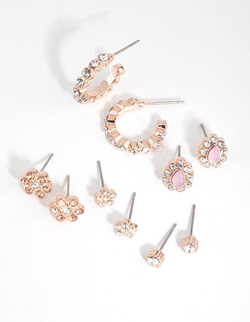 Rose Gold Floral Diamante Stud Earrings 5-Pack sold by lovisa