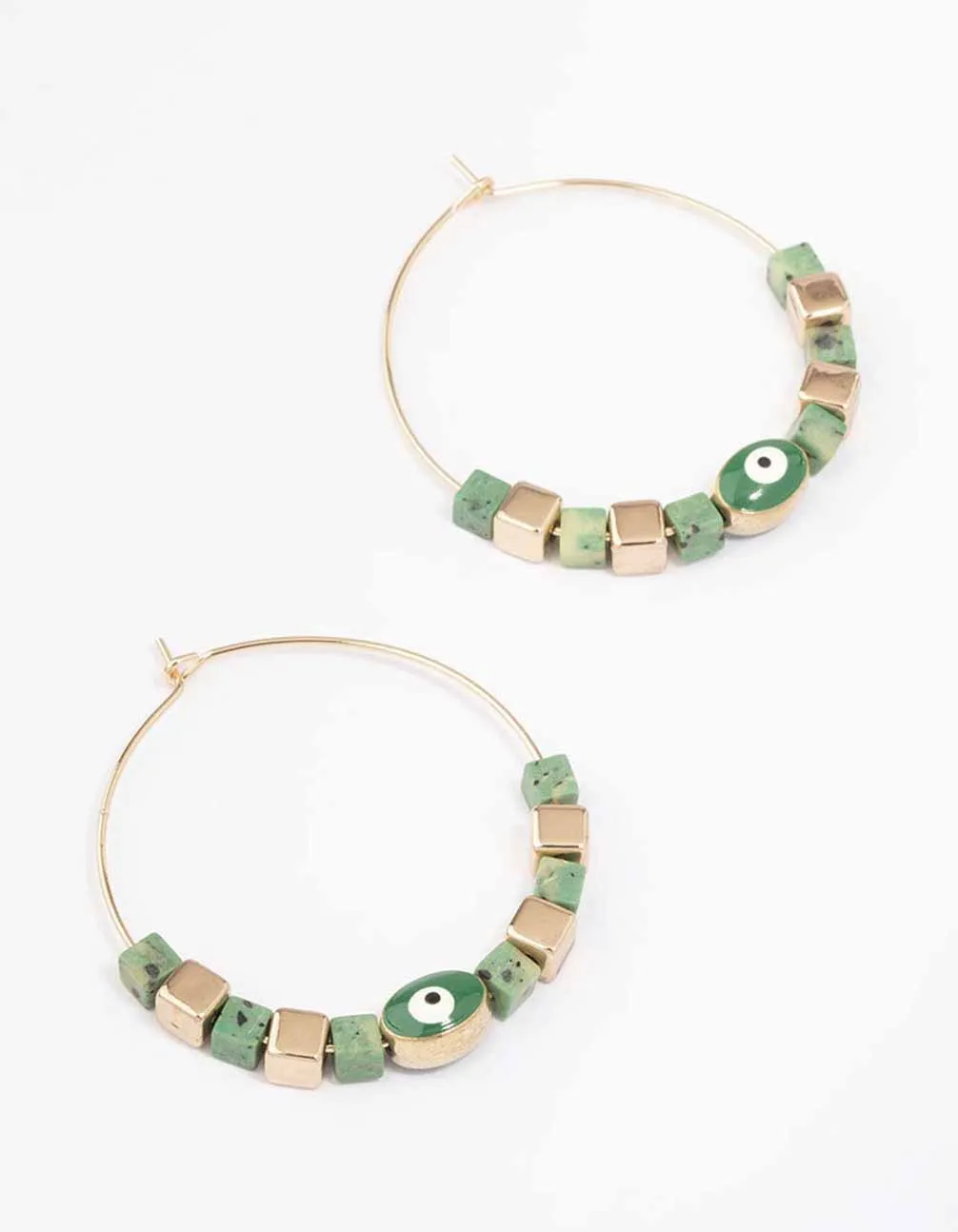 Gold & Green Beaded Evil Eye Hoop Earrings sold by lovisa