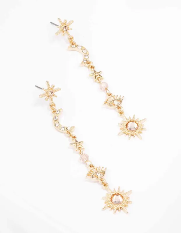 Gold Mixed Celestial Diamante Drop Earrings sold by lovisa
