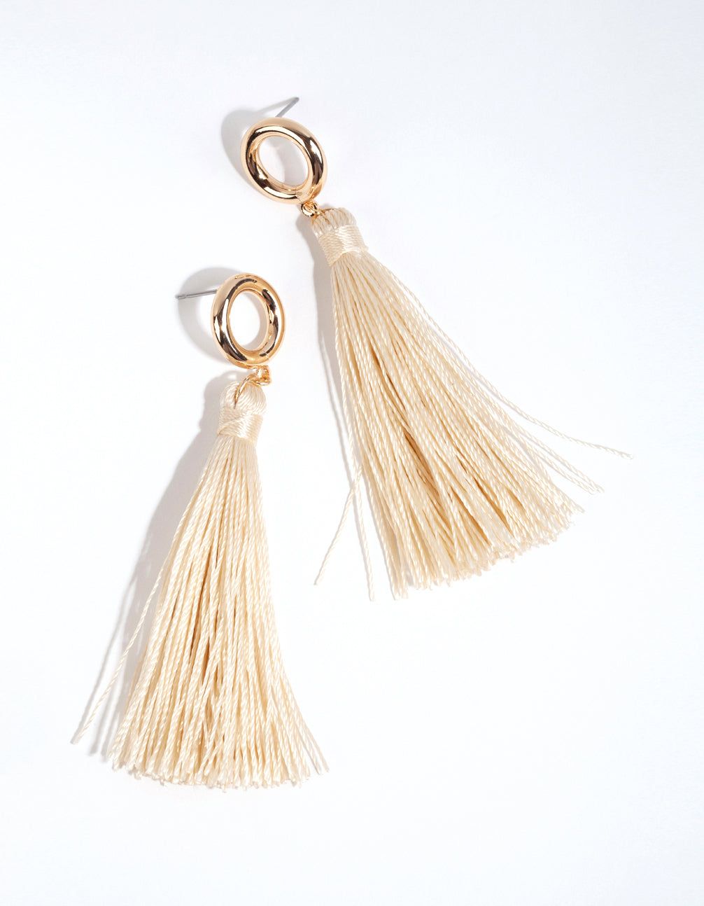 Cream Open Disc Long Tassel Earrings sold by lovisa
