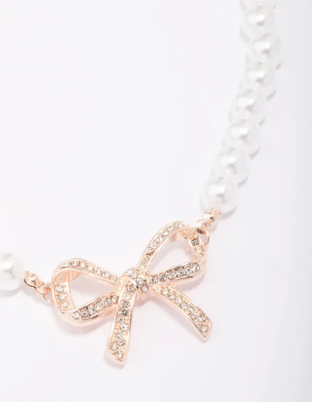 Rose Gold Pearl Bow Necklace sold by lovisa