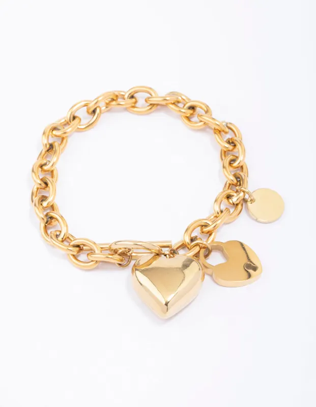 Gold Plated Stainless Steel Puffy Heart Charm & Lock Bracelet sold by lovisa