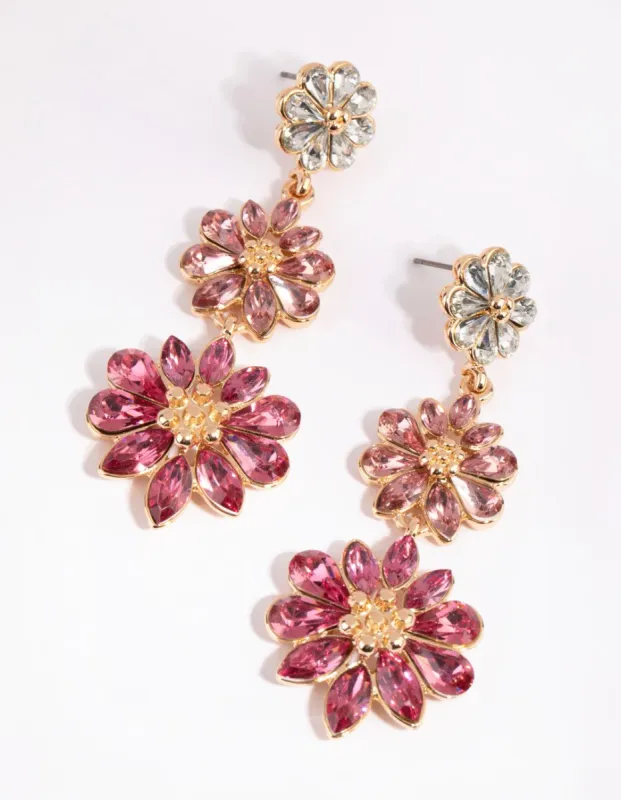 Gold & Pink Triple Flower Drop Earrings sold by lovisa