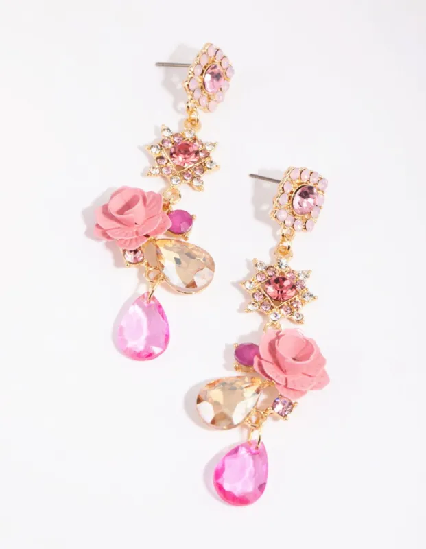 Gold & Pink Pretty Flower Drop Earrings sold by lovisa