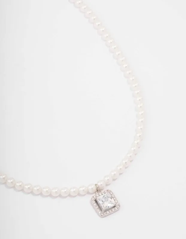 Rhodium Pearl & Solitaire Diamante Pendant Necklace sold by lovisa