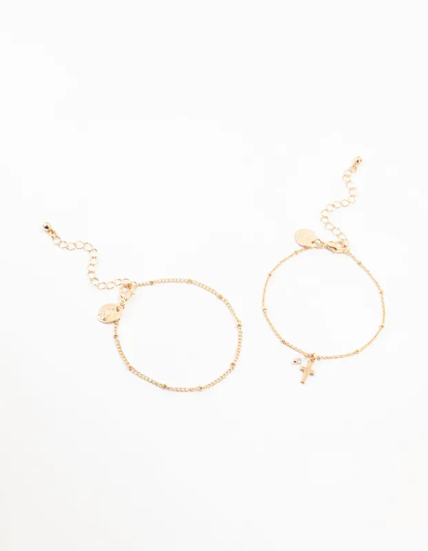 Gold Ball & Diamante Cross Bracelets 2-Pack sold by lovisa