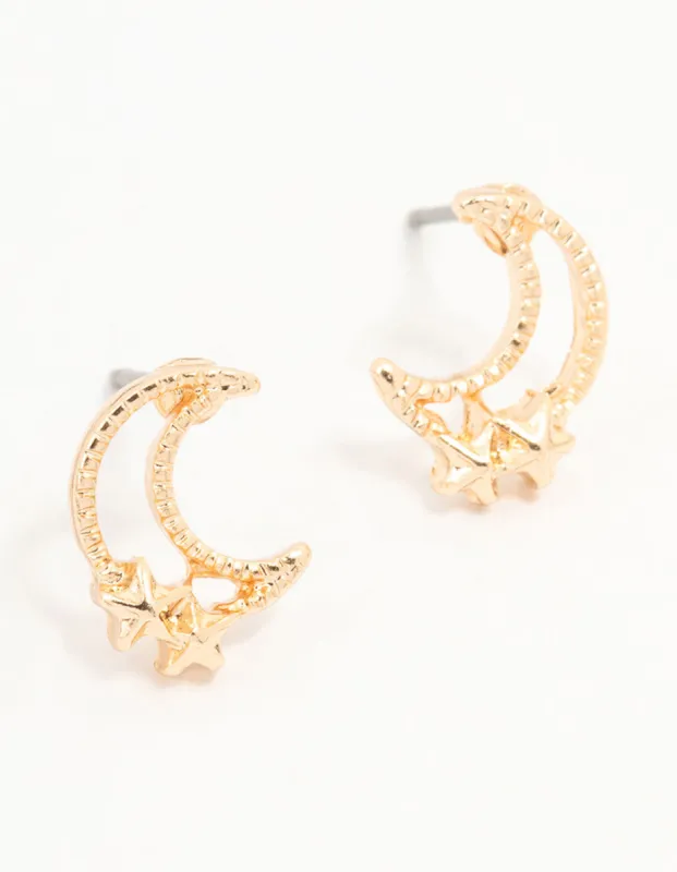 Gold Stapled Moon & Star Stud Earrings sold by lovisa