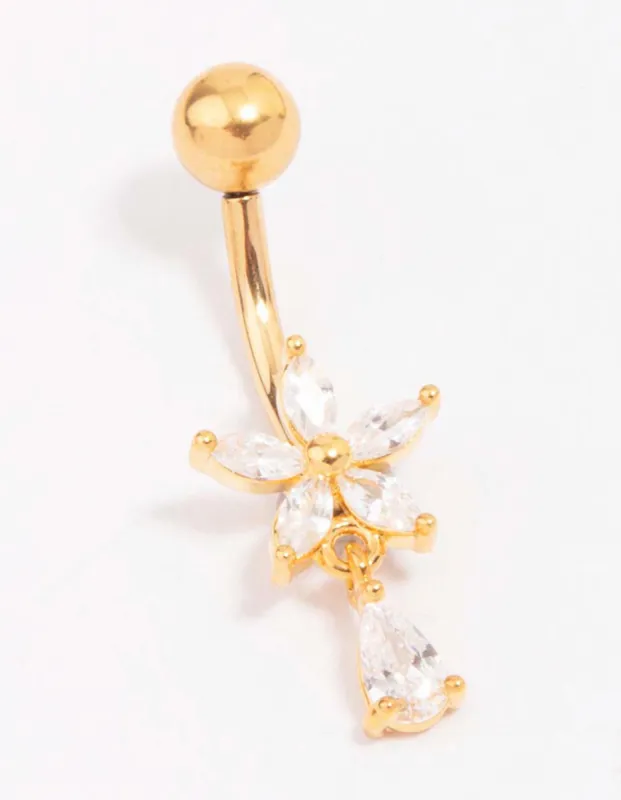 Gold Plated Titanium Cubic Zirconia Flower Pear Belly Piercing sold by lovisa