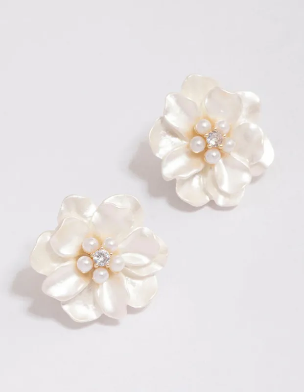 Gold Plated White Flower Cubic Zirconia Stud Earrings sold by lovisa