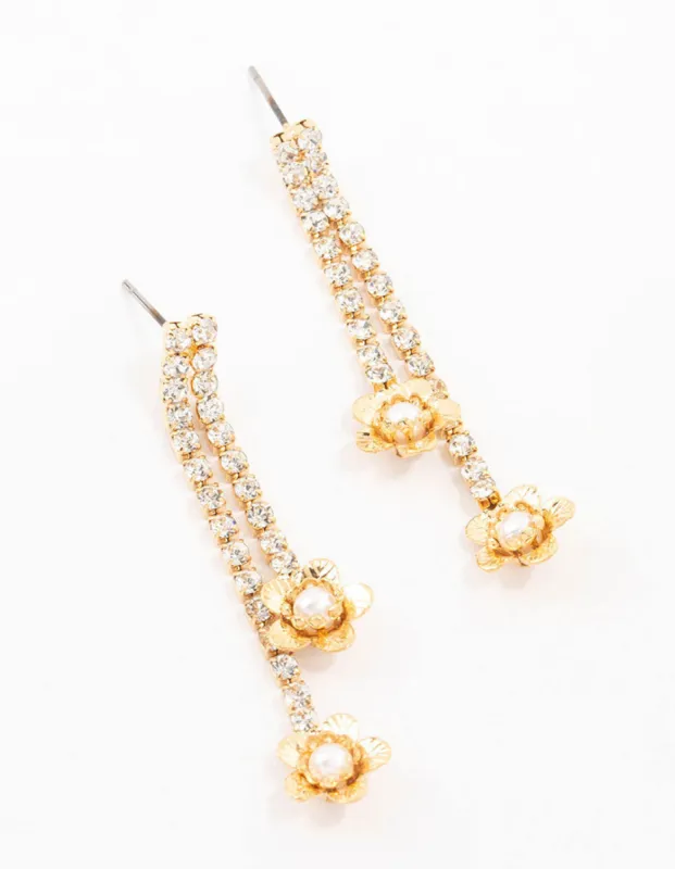 Gold Cup Chain Pearl Flower Drop Earrings sold by lovisa