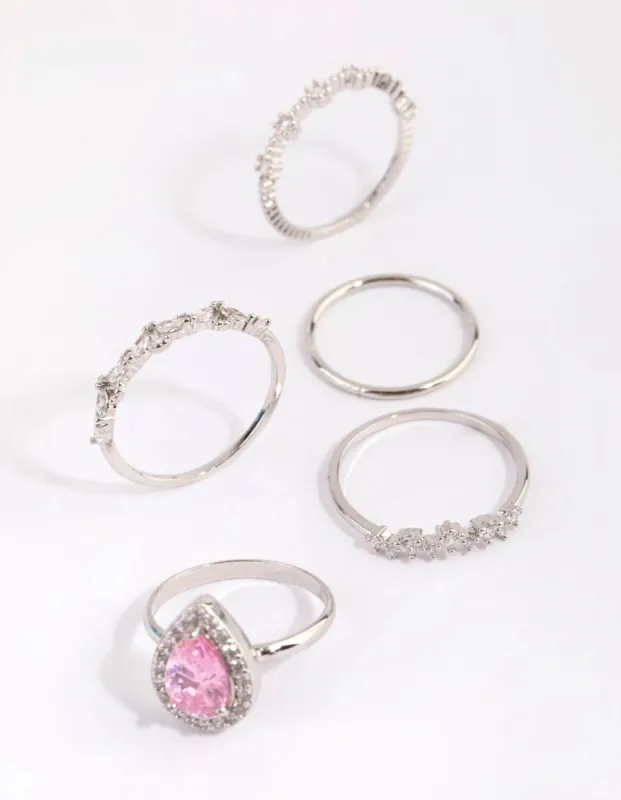 Rhodium Cubic Zirconia Pink Diamante Ring 5-Pack sold by lovisa