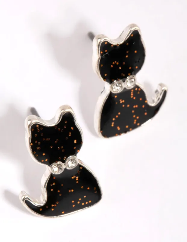 Silver & Black Glitter Cat Stud Earrings sold by lovisa