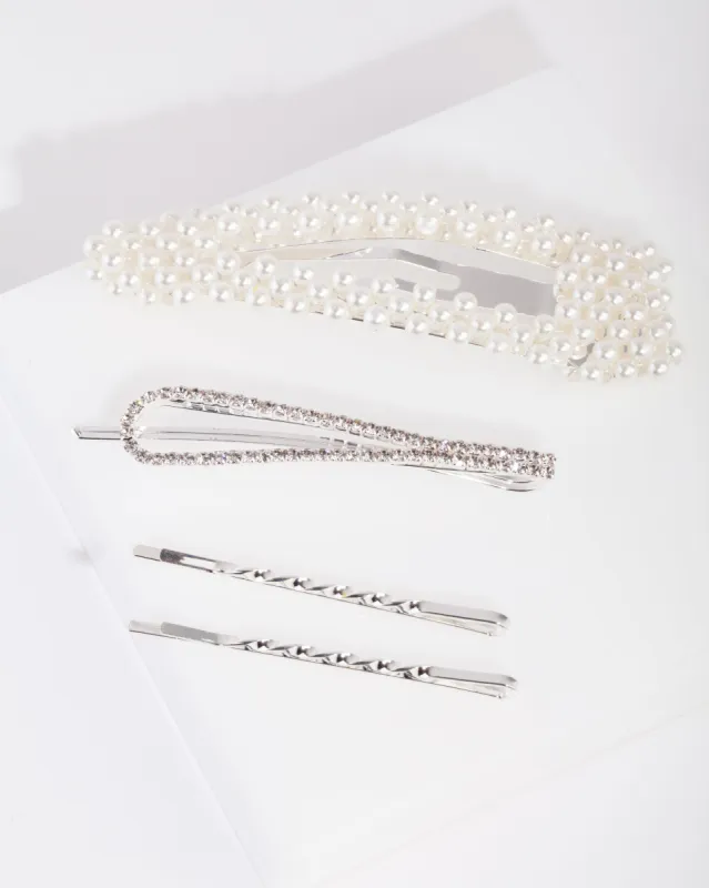 Silver Mix & Match Pearl & Diamante Clip 4-Pack sold by lovisa