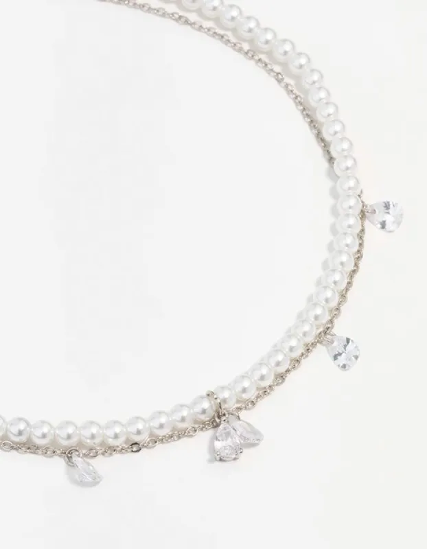 Rhodium Cubic Zirconia Pearl Double Choker sold by lovisa