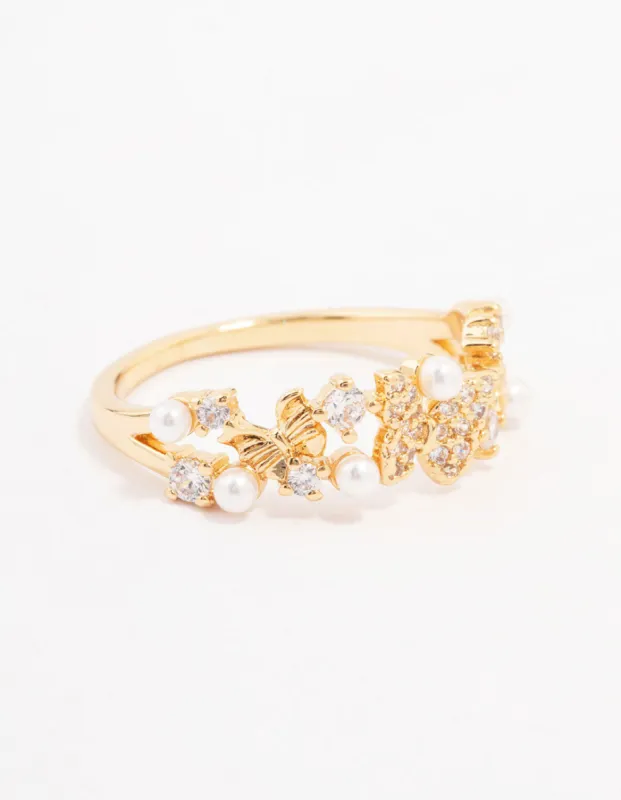Gold Plated Butterfly Pearl Band Ring sold by lovisa